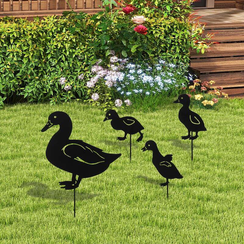 Glitzhome 2-in-1 Black Metal Cat Rabbit Duck Dog Silhouette Yard Stakes Wall Decor (Set of 3)