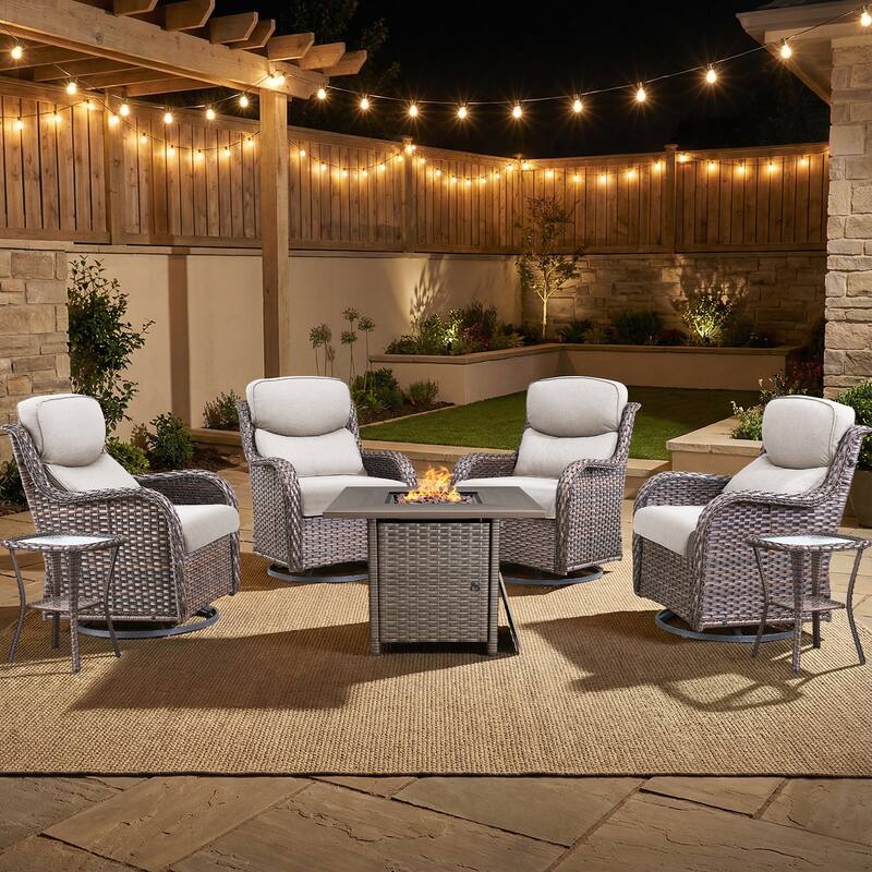 Pocassy Outdoor Propane Fire Pit Table with Sofa Swivel Chair Funiture Set. - Brown Wicker Beige Cushion - 7-Piece Swivel Chair Table w/ Fie Pit Table