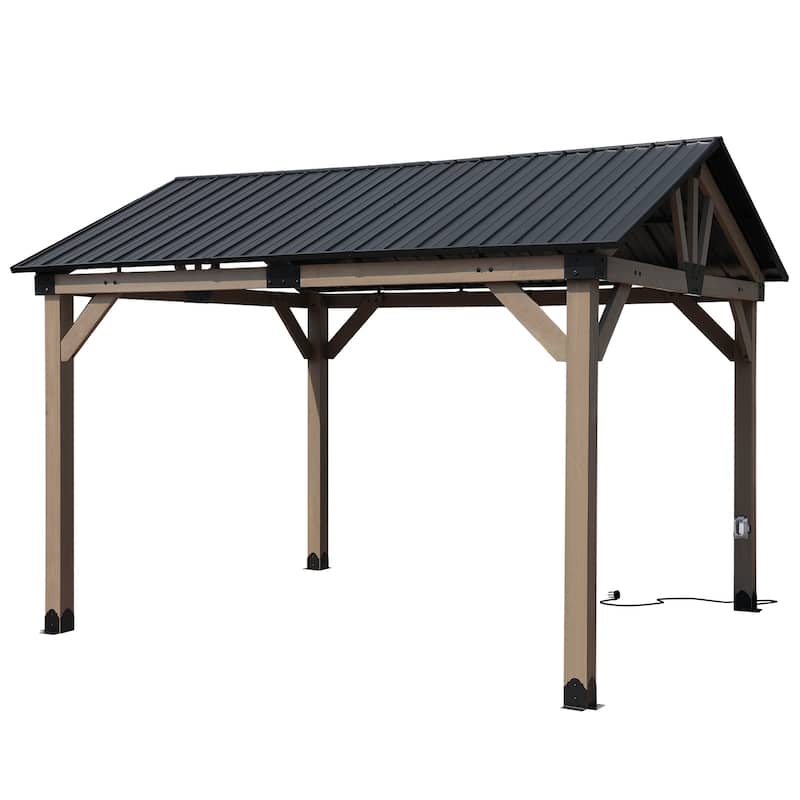 Aoodor 10 x 12 ft Wooden Frame Gazebo with Galvanized Metal Hardtop Roof, Outdoor Patio Gazebo with Outlets - 10x12 ft