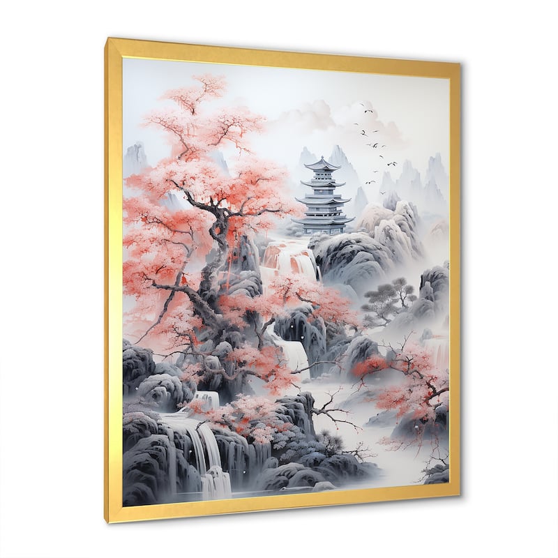Designart "Minimalism Asian Pink Landscape" Asian Art Framed Wall Art Living Room