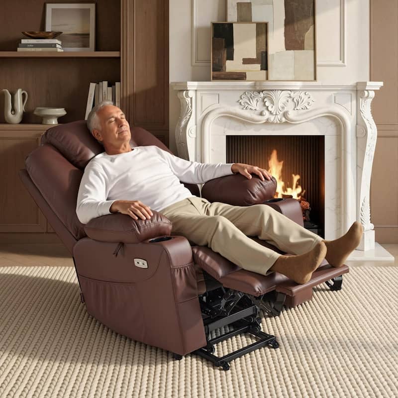MCombo Large Power Lift Recliner Leather Chair with Massage, Heat, Cup Holders,Extended Footrest, Leather 7516 - Light Brown