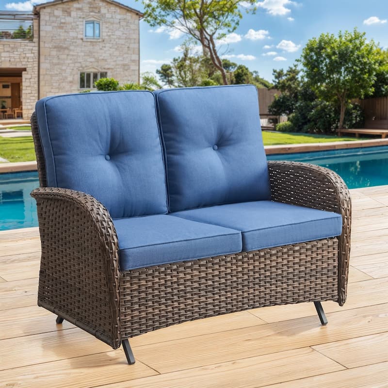 Gymojoy Stylish Patio Loveseat Glider Sofa with Cushions - 1-Piece - Brown Wicker / Blue Cushion