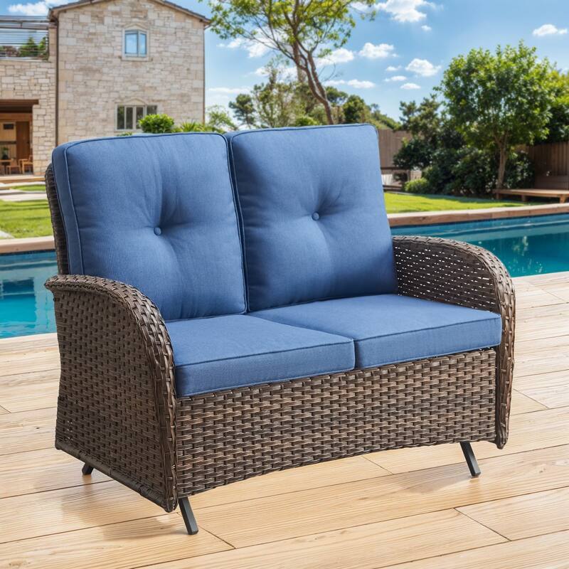 Gymojoy Stylish Patio Loveseat Glider Sofa with Cushions - 1-Piece - Grey Wicker / Blue Cushion