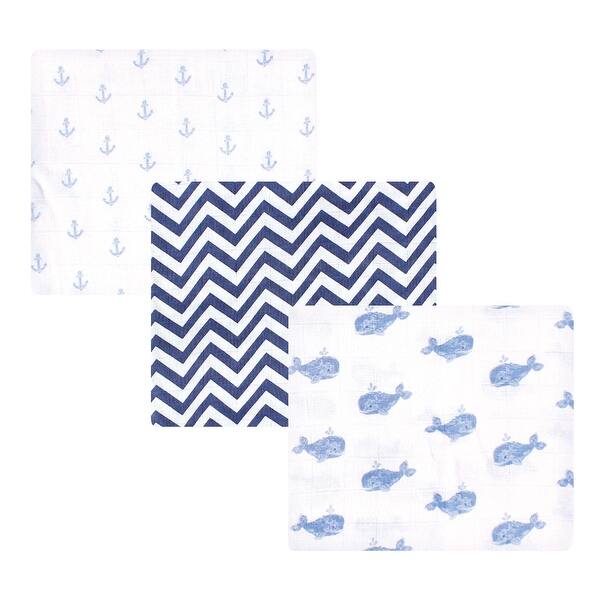 slide 1 of 1, Hudson Baby Infant Boy Cotton Muslin Swaddle Blankets, Blue Whales, One Size - Blue Whales - 3-Pack 3-Pack - Blue Whales