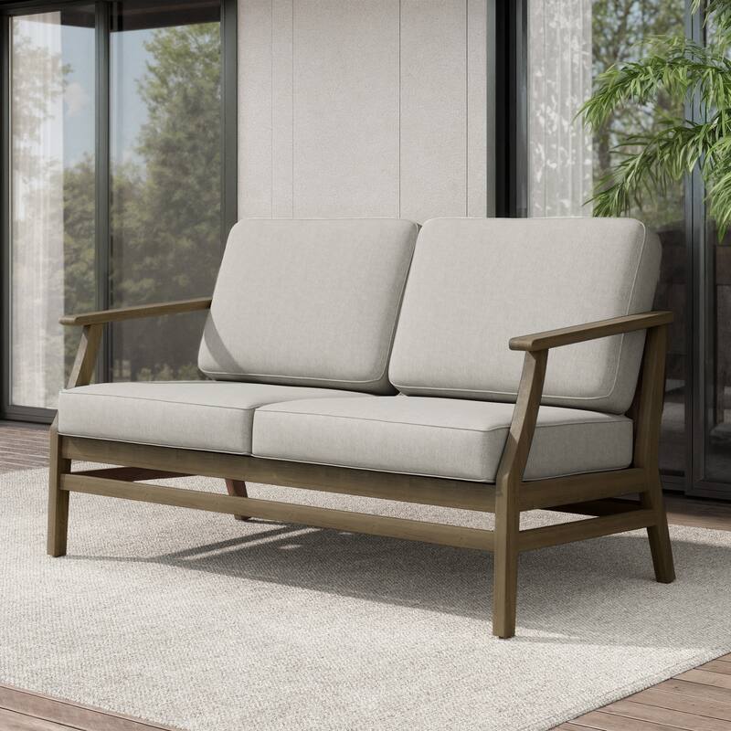 Teak Outdoor Patio Club Chairs Loveseat with Cushions - Natural Wood - Loveseat/Light Camel