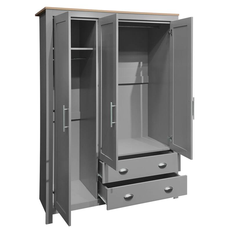 3 Door Armoires Gray Wardrobe Cabinet with 2 Hanging Rods & 2 Drawers