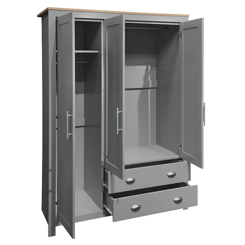 Three Door Storage Wardrobe with Cabinets and Two Hanging Rods