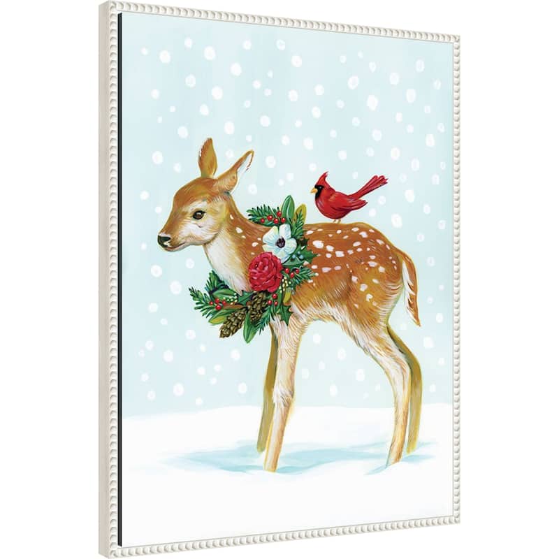 Winter Woodland Creatures with Cardinals II by Laura Marr (23 x 30 in.), Framed Canvas Wall Art Print - Sylvie Beaded White