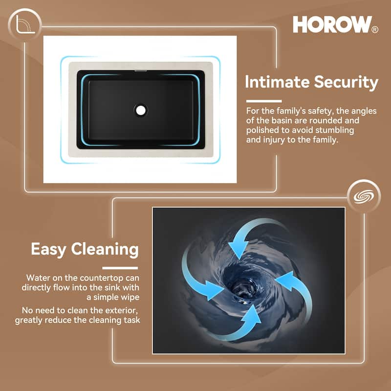 HOROW 23.63 in Rectangular Undermount Ceramic Bathroom Sink in Black with Overflow Drain