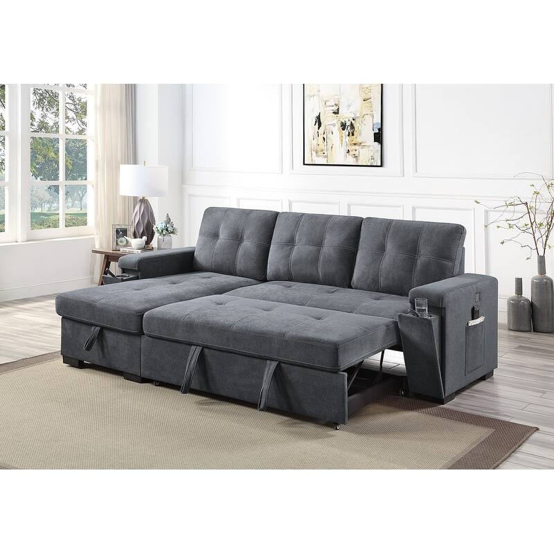 Toby 95-inch Gray Reversible Sleeper Sectional Sofa with Storage Chaise, Cup Holder and USB Ports - 95"W x 62"D x 36.5"H
