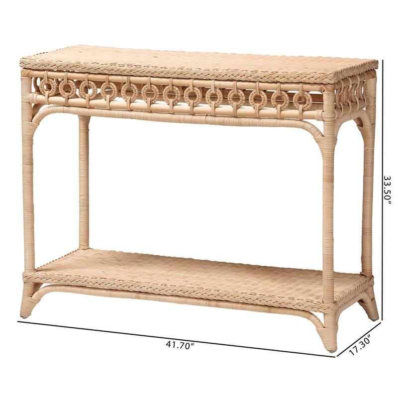 Oxford Braided Natural Rattan Console Table with Shelf - Coastal Boho Entryway or Hallway Table with Decorative Loop Detailing