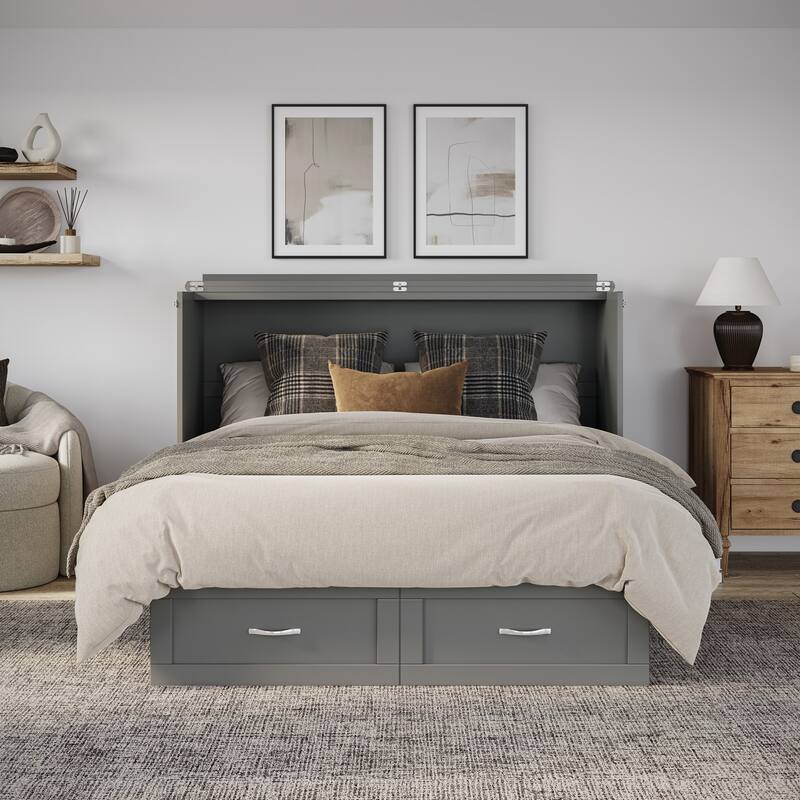 Chelsea Queen Murphy Bed Chest with 6" Mattress, Storage Drawer & Built-In Charger in Grey