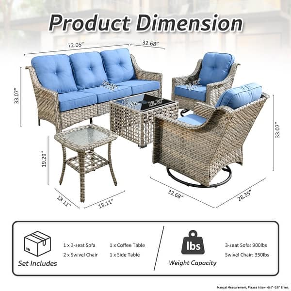 dimension image slide 3 of 8, OVIOS 5-Piece Outdoor Wicker Swivel Chair Set With Solar-Powered Table
