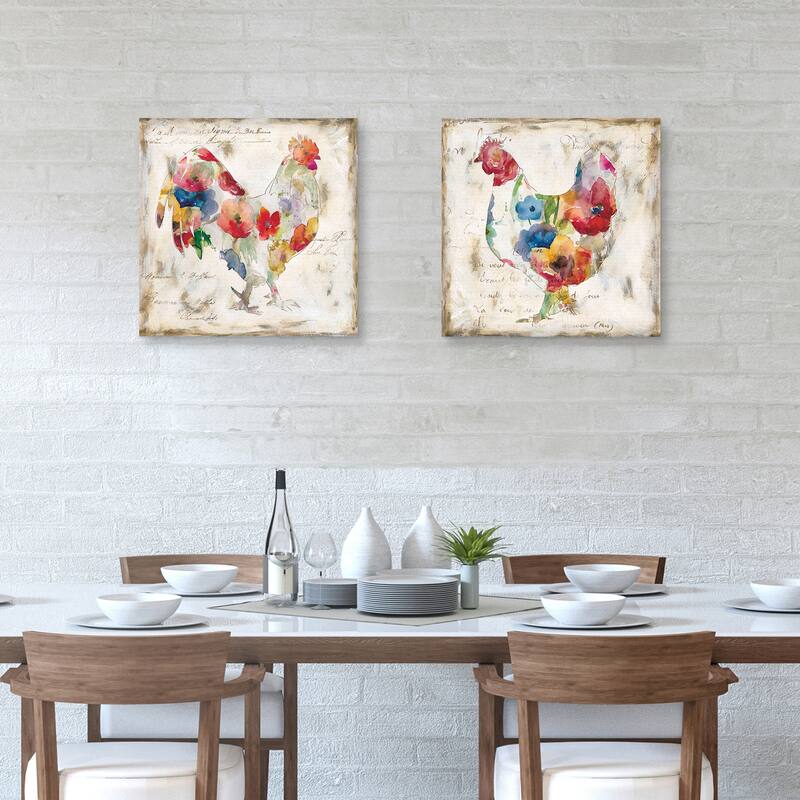 Flowered Hen & Rooster by Carol Robinson Canvas Art Prints