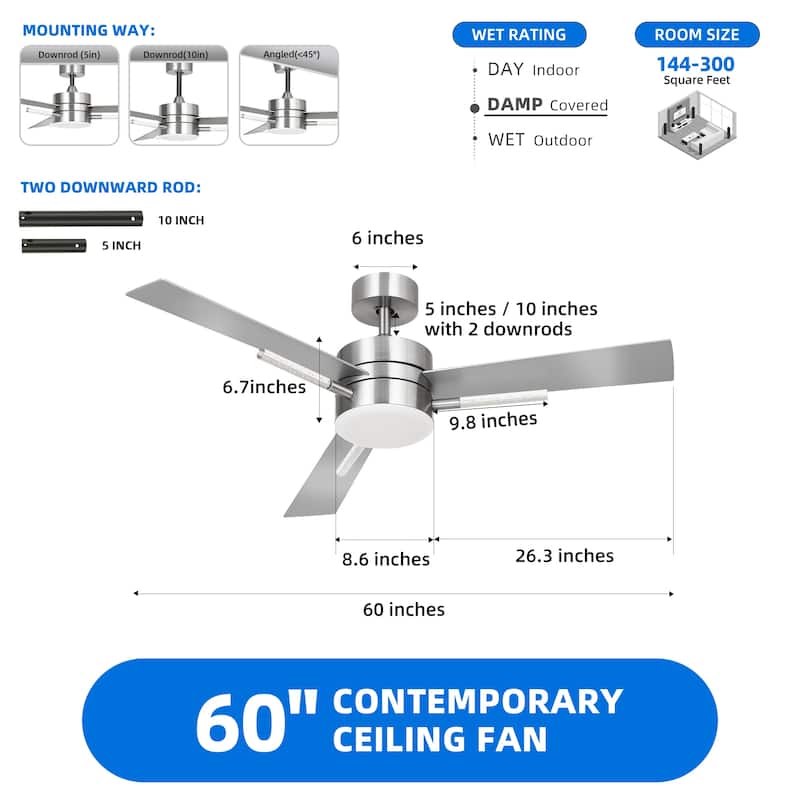 Modern 60 inch Ceiling Fan with Light and Remote Control