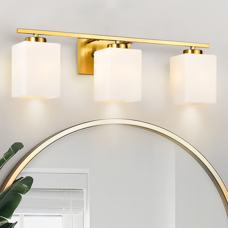Brushed Nickel Indoor Bathroom Vanity Lights with Etched White Glass Square Rectangle Shades - 3-light - Gold
