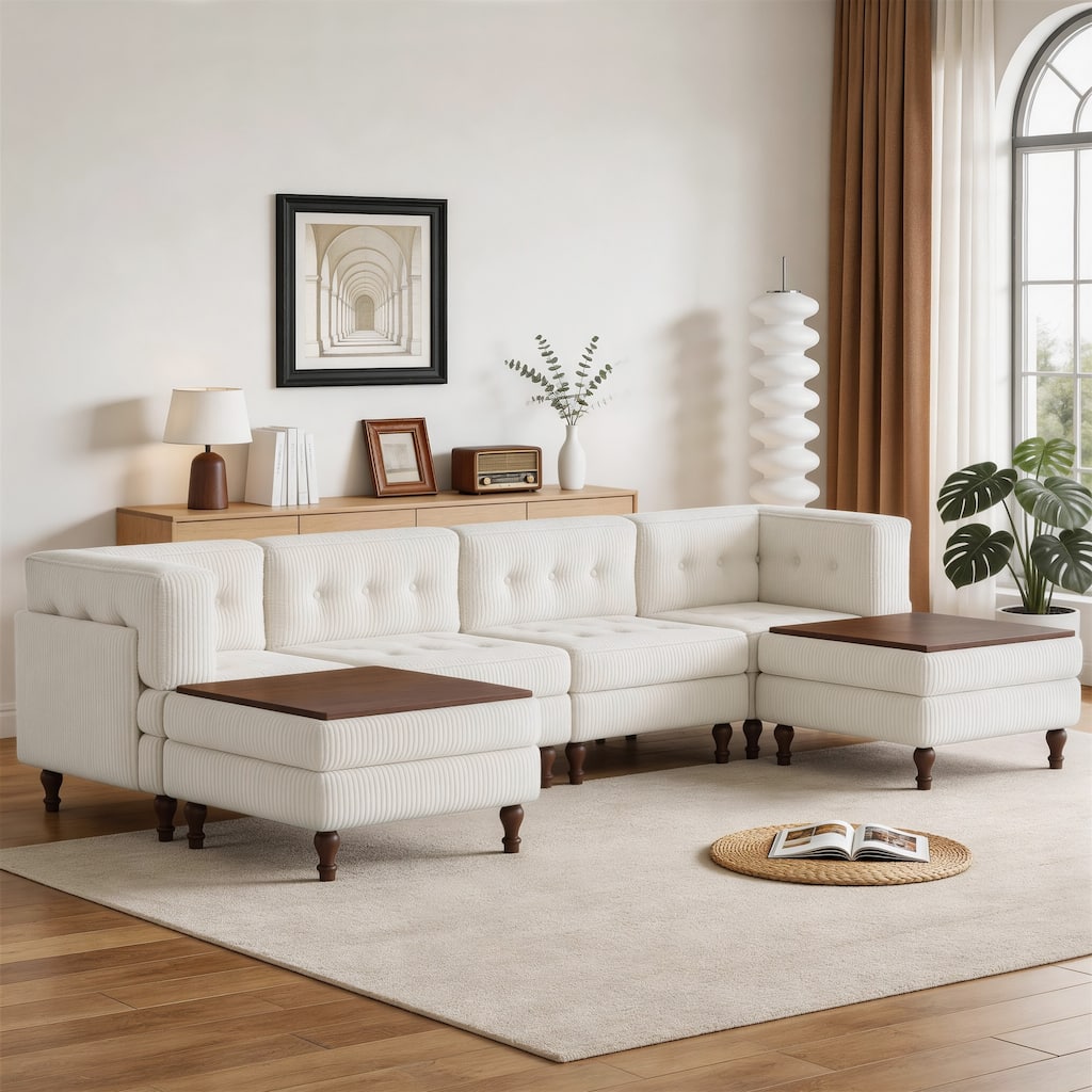 130"W Corduroy Upholstered Modular Sectional Sofa with Storage Ottoman
