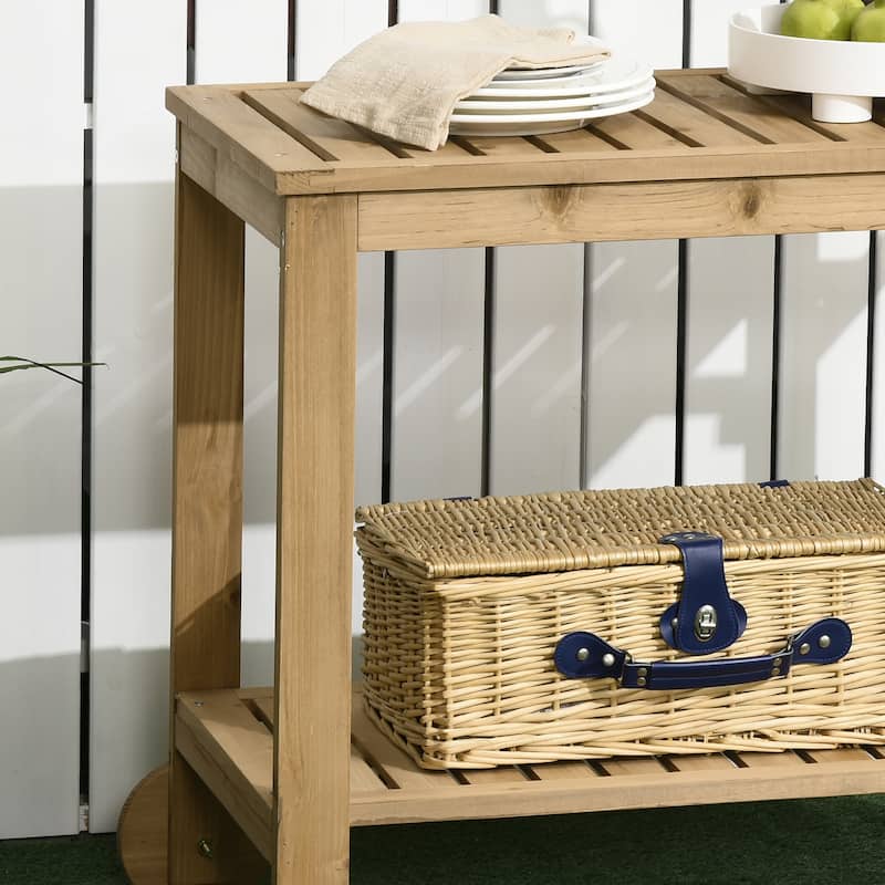 Outsunny Outdoor Bar Cart, Wood Rolling Home Bar & Serving Cart with 2 Shelves, Wine Bottle Holders for Garden