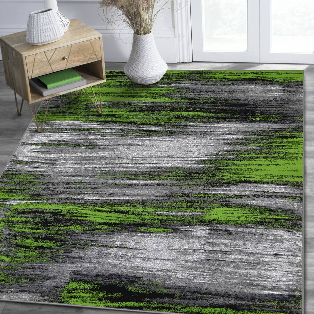 Electric Green, Grey, Silver, Black Abstract Rug Modern Contemporary Brush Pattern
