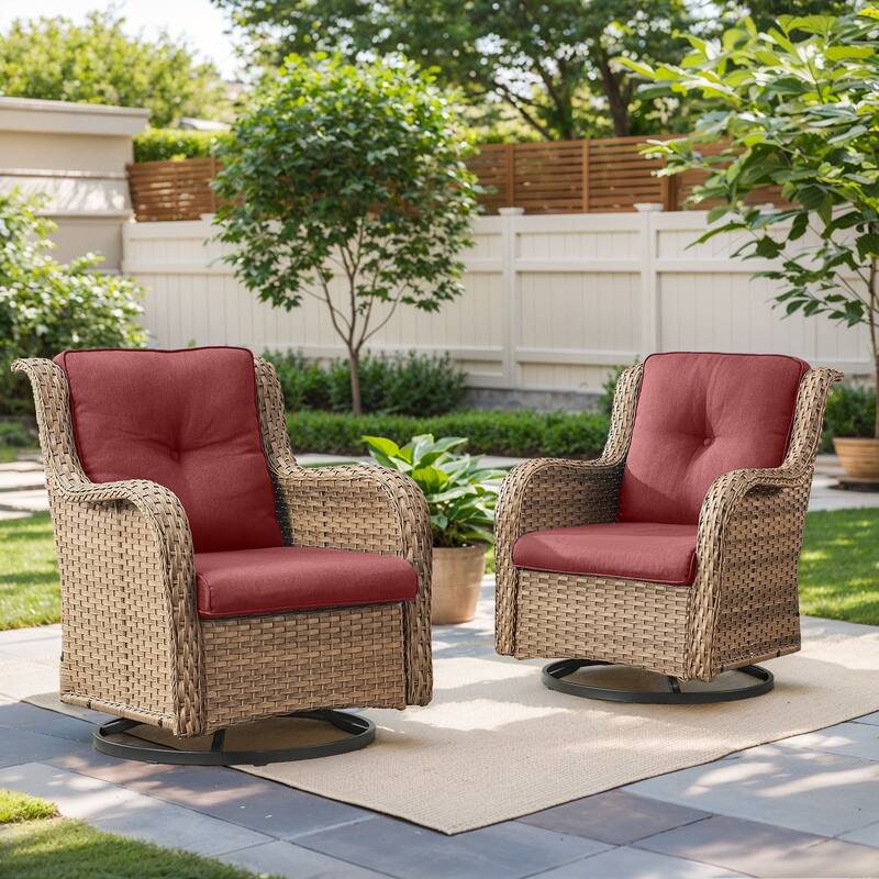 Pocassy Outdoor 4 Inch Swivel Chairs Glider Chairs - Yellow Wicker Red Cushion - 2 Pieces Swivel Chair