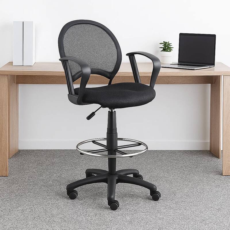 Rea Drafting Stool Chair, Loop Arms, Black Mesh, Chrome Footring