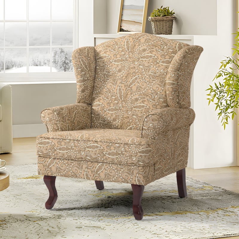 31" W Modern Upholstered Linen Wing Back Accent Chair with Rolled Arm - Paisley Brown-Cotton
