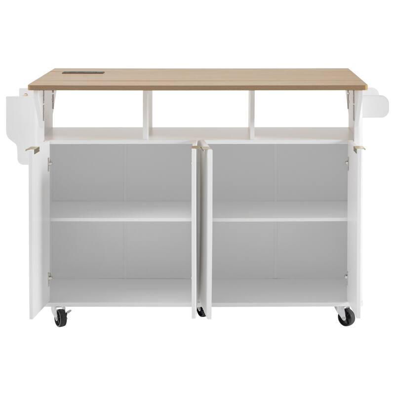 55.5" Fluted Kitchen Island with 2 Drop Leaf and Power Outlet