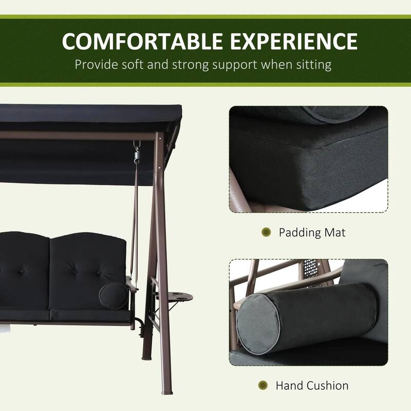 3-Seat Patio Swing Chair, Adjustable Canopy, Side Trays, Comfort Set