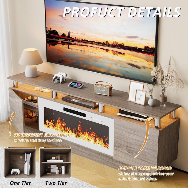 BOSSIN 70" Modern Electric Fireplace TV Stand, with Electronic Flame and LED Lights, High Gloss Finish Entertainment Center