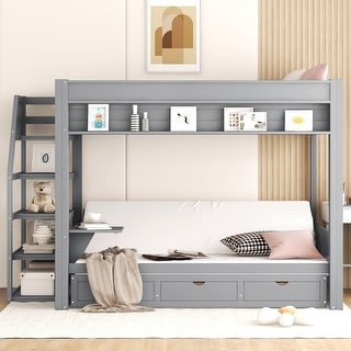 Full Size Bunk Bed with Bedside Table and 3 Storage Drawers, Convertible down Bed with Storage Staircase