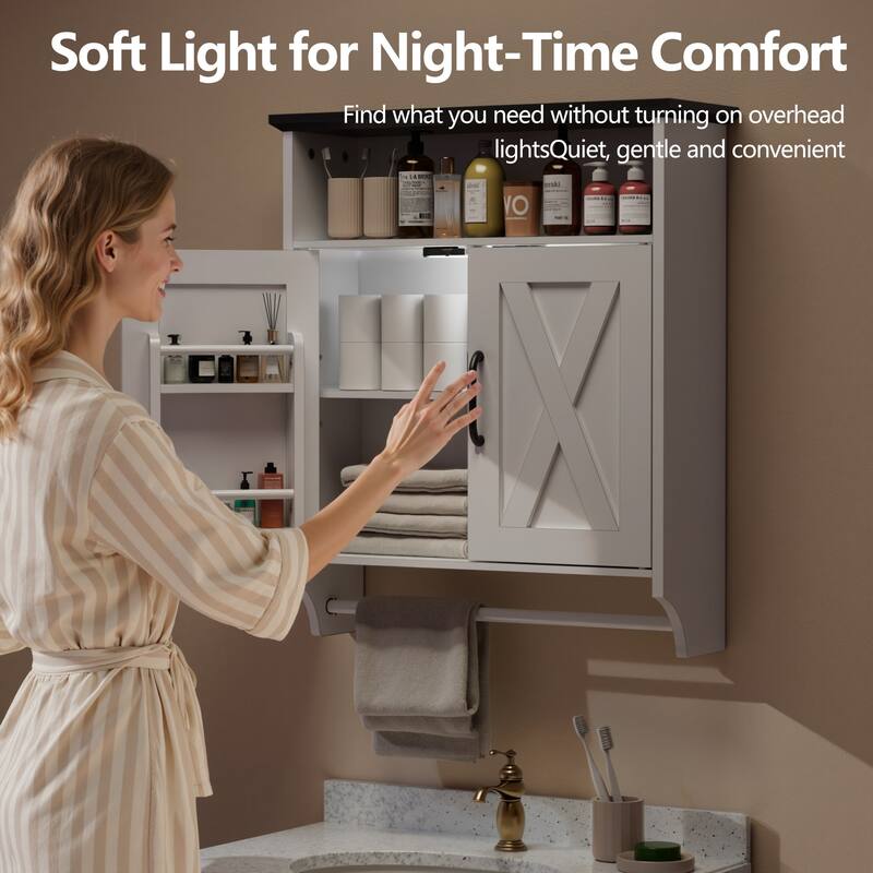 VECELO White Wall Mounted Cabinet with Adjustable LED Sensor Light Towel Bar Bathroom Kitchen Storage Organizer for Small Spaces