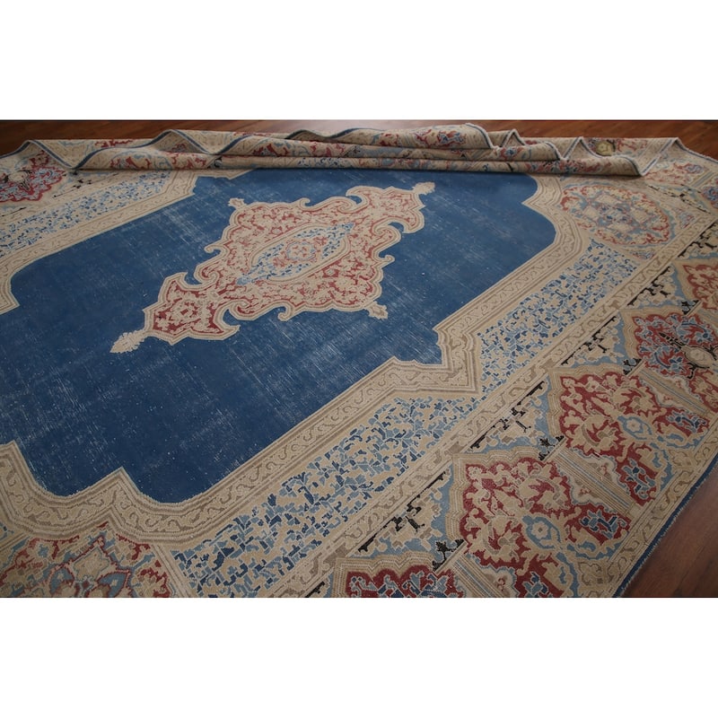 Blue Distressed Kerman Persian Vintage Area Rug Handmade Wool Carpet - 9'3" x 11'10"
