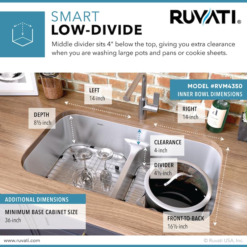 Ruvati 32-inch Low-Divide 50/50 Double Bowl Undermount 16 Gauge Stainless Steel Kitchen Sink - RVM4350 - 32-1/4″ x 18-7/8″
