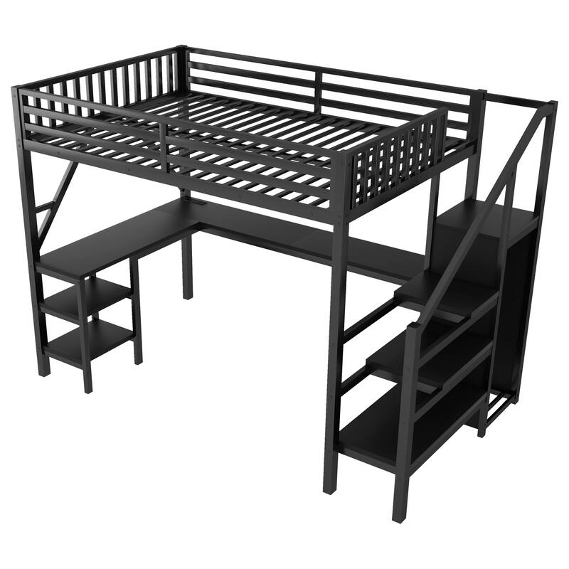 Roomfitters Full/Queen Loft Platform Bed, L-Shaped Desk and LED Wardrobe with Metal Frame for Bedroom or Guest Room