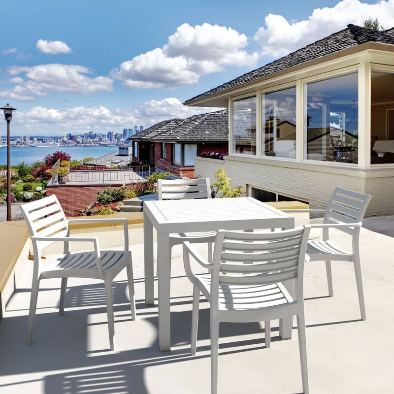 5-Piece White Stackable Square Outdoor Patio Dining Set Arm Chairs 33"