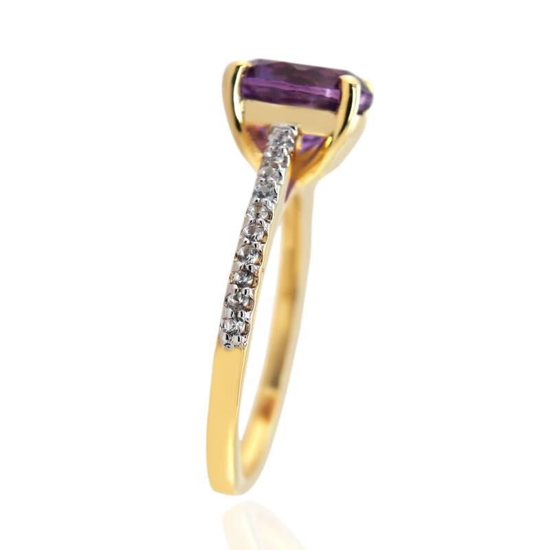 18K Yellow Gold Over Sterling Silver 9mm Round Brazilian Amethyst, White Natural Zircon Ring
