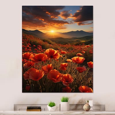 Designart "Coral Wildflowers Fields Of Dreams" Wildflowers Metal Wall Art Living Room