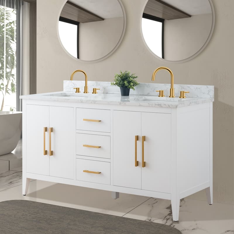 Vanity Art 60" Double Sink Bathroom Vanity Cabinet with Engineered Marble Top