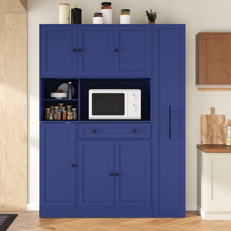 Large Kitchen Pantry Storage Cabinet Cupboard, Buffet with Hutch and Pull-Out Side Cabinet for Enhanced Kitchen Organization - Blue