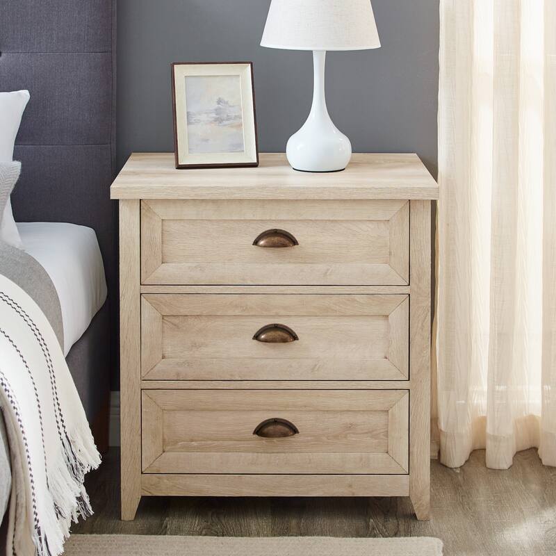 White Oak Farmhouse Nightstand with 3 Drawers and Cup Handles