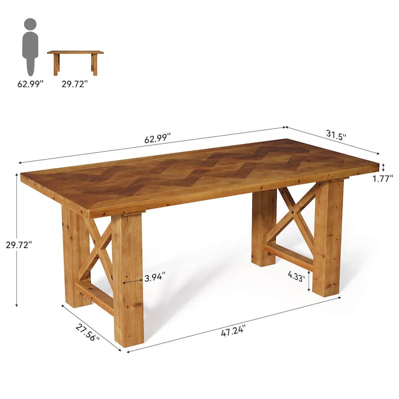 63-Inch Dining Table for 4-6, Farmhouse Solid Fir Wood Kitchen Table