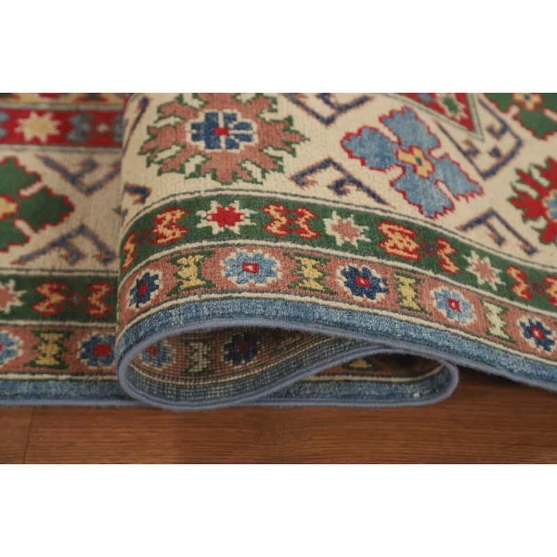 Blue Geometric Kazak Area Rug Hand-Knotted Traditional Wool Carpet - 6'8" x 9'9"