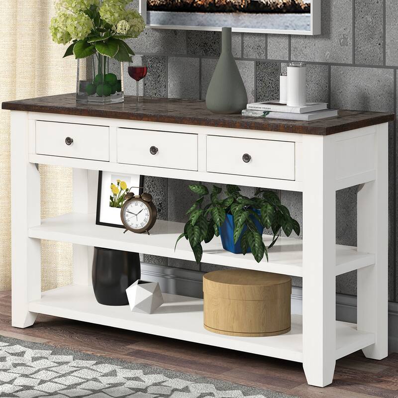Modern Console Table, Multi-functional Side Table, Entryway Sofa Table with 3 Drawers and 2 Shelves, for Living Rooms, White