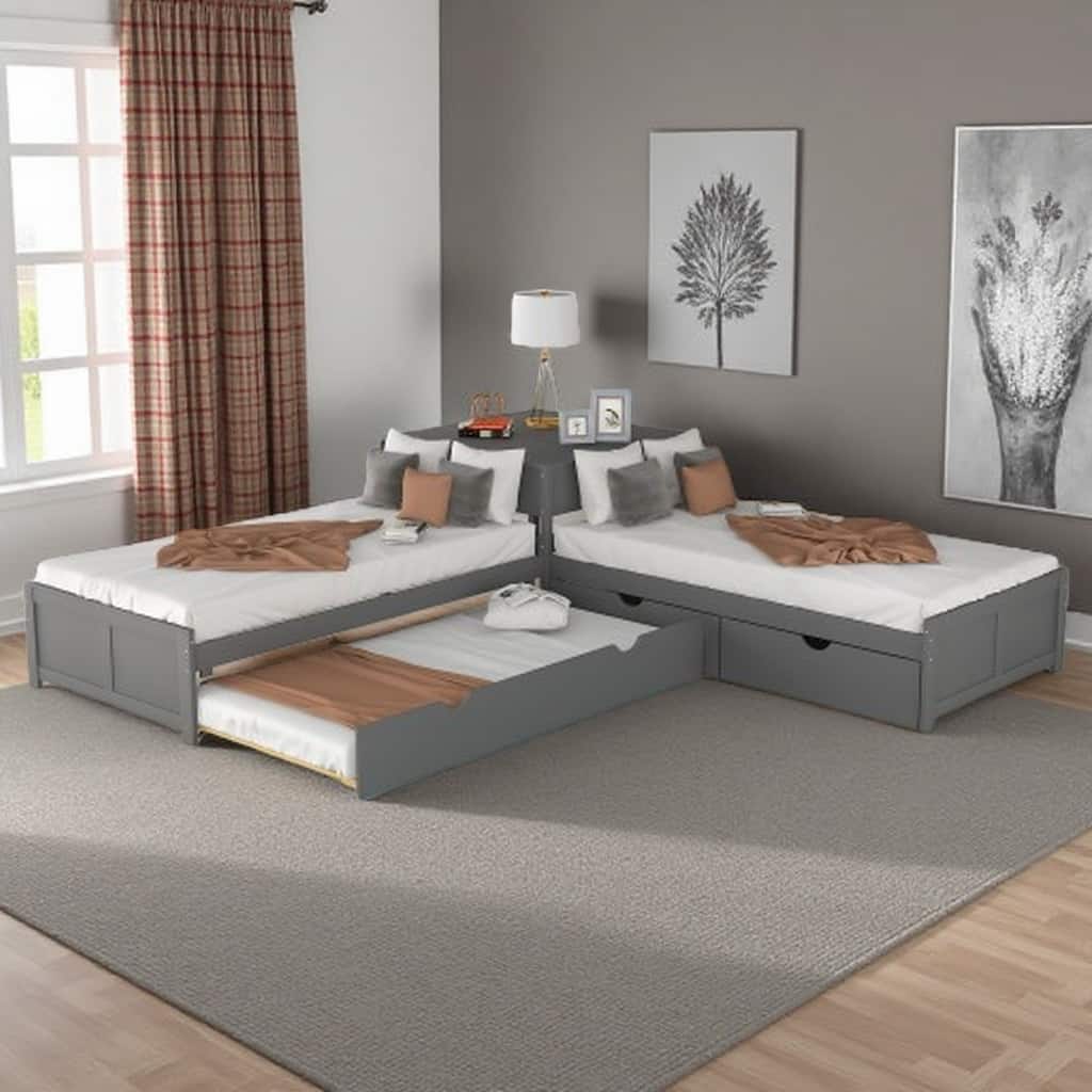 Solid Wood L-Shaped Bed with Trundle, Desk & Drawers - 3-in-1 Sleeping and Study Area