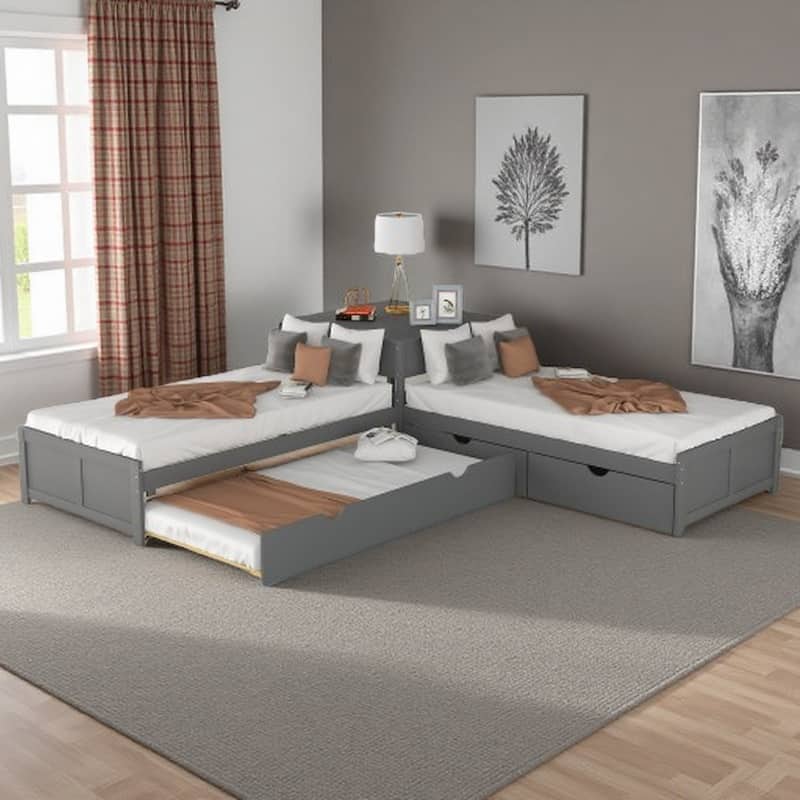 Solid Wood L-Shaped Bed with Trundle, Desk & Drawers - 3-in-1 Sleeping and Study Area - Gray