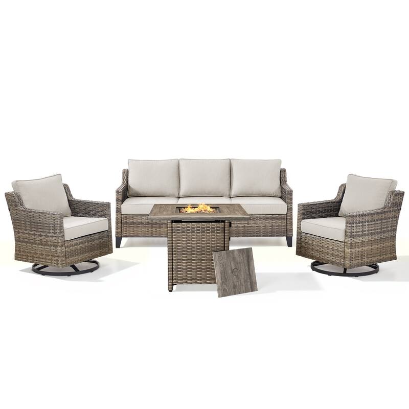 Pocassy 4-Piece Outdoor Sofa Siwvel Chair w/ Fire Pit Table
