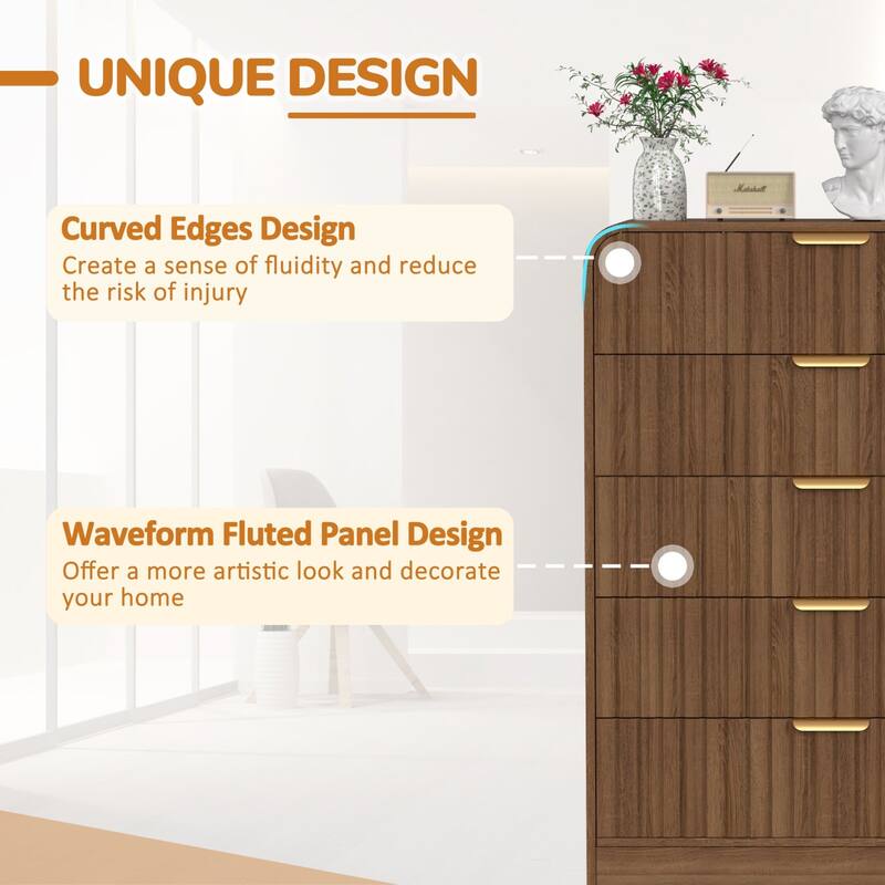 VEIKOUS 5-Drawer Chest of Drawers with Curved Edges & Waveform Fluted Panel Design, Wooden Dresser for Bedroom