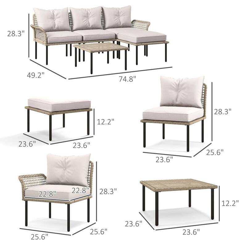 5PCS PE Rattan Patio Set, Sofa Chaise Coffee Table, White Weatherproof