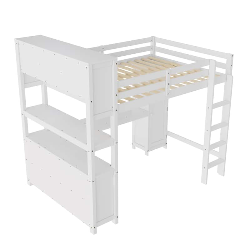 All-in-One Queen Size Loft Bed with L Shape Desk, Bookcase Headboard, Storage Cabinet and Built-in Wardrobe with Hanging Pole