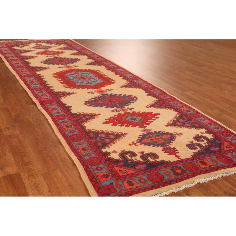 Hand Knotted Oriental 100% Wool Carpet Traditional Geometric Beige & Ivories Sarab Runner Rug - 9' 9'' X 3' 4''